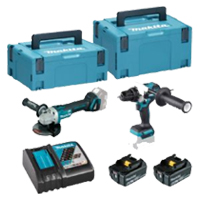 [DLX2413TJ] COMBO TALADRO + AMOLADORA 2 BATERIAS 5 AH (BL1850B)+ CARGADOR DGA504Z + DHP486Z + MAKPAC-2 + MAKPAC-3 MAKITA